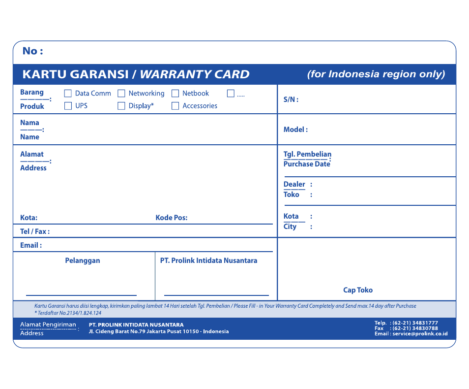 Kartu garansi / warranty card, For indonesia region only) | PROLiNK PWN3702P User Manual | Page 20 / 24