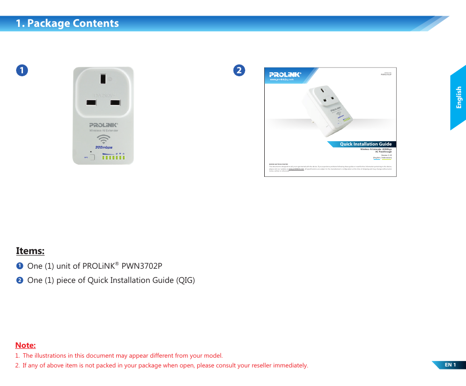 Package contents, Items, One (1) unit of prolink | PROLiNK PWN3702P User Manual | Page 3 / 24