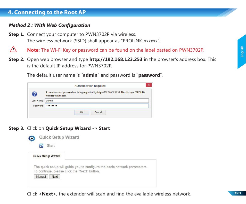 Connecting to the root ap | PROLiNK PWN3702P User Manual | Page 7 / 24