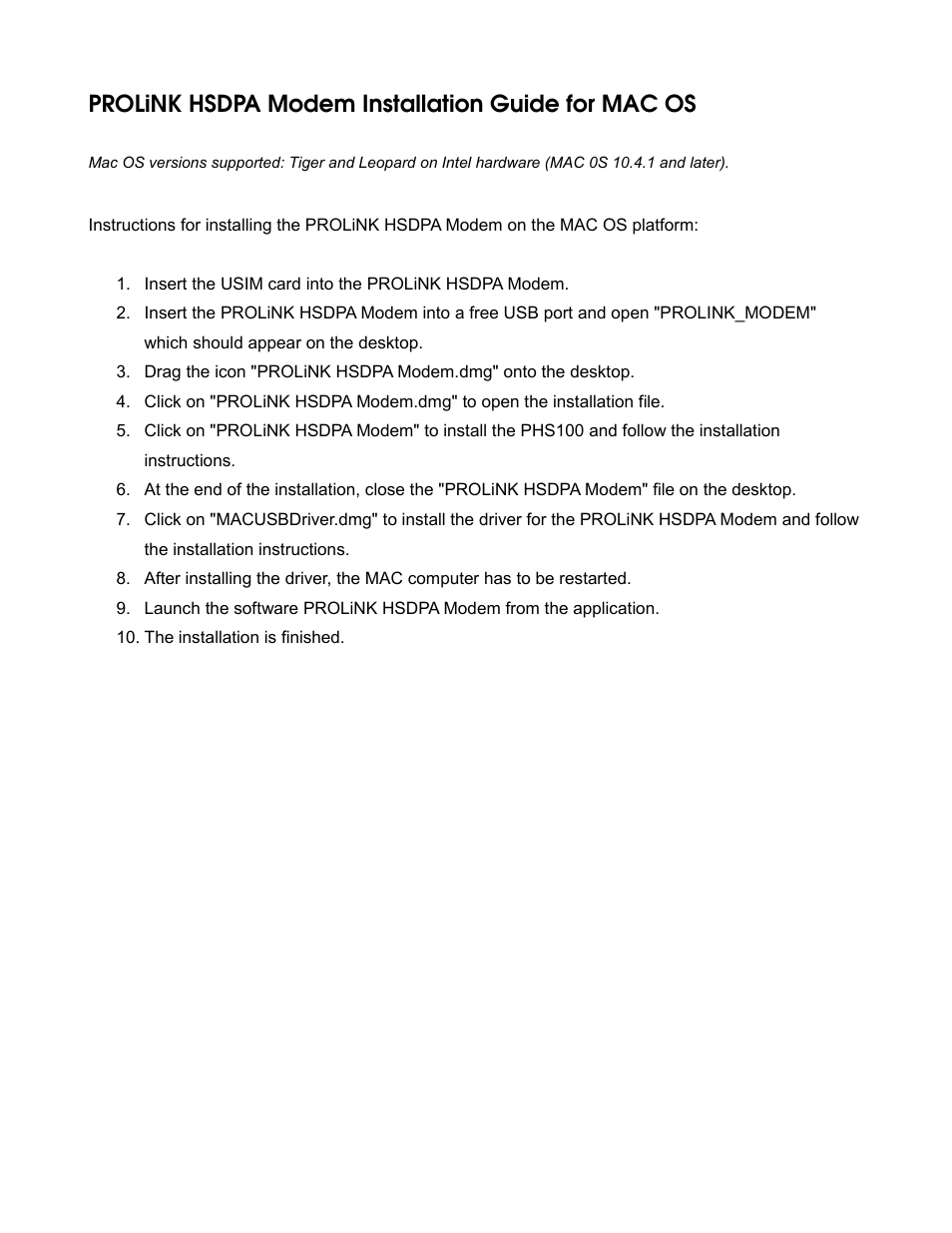 PROLiNK PHS100 Modem Installation Guide User Manual | 1 page