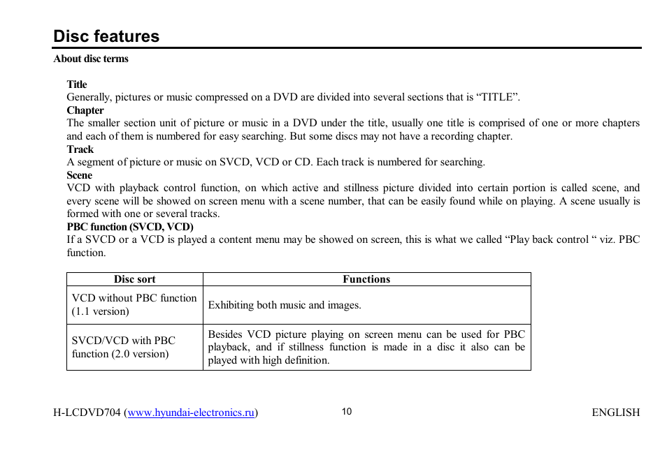 Disc features | Hyundai H-LCDVD704 User Manual | Page 10 / 64