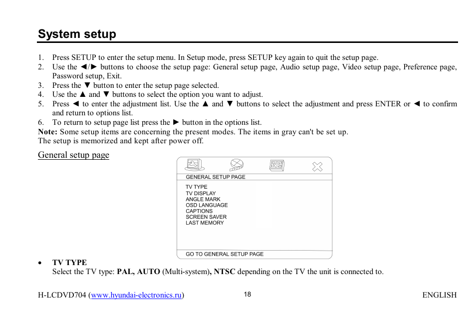 System setup | Hyundai H-LCDVD704 User Manual | Page 18 / 64