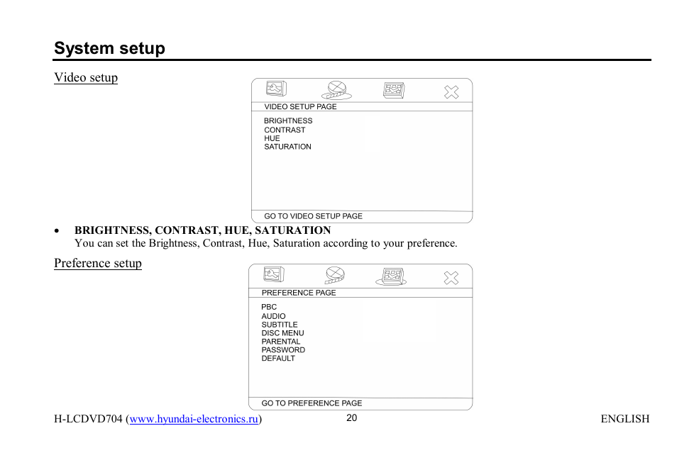 System setup | Hyundai H-LCDVD704 User Manual | Page 20 / 64