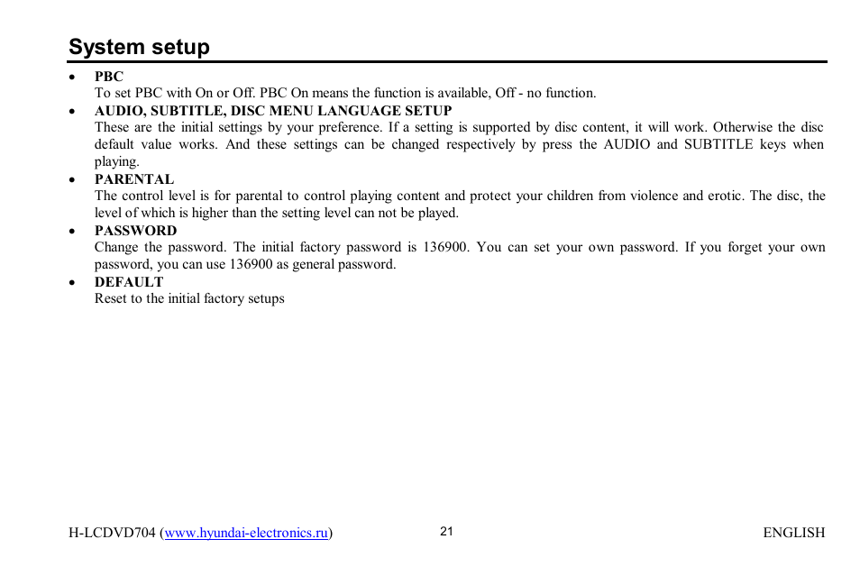 System setup | Hyundai H-LCDVD704 User Manual | Page 21 / 64