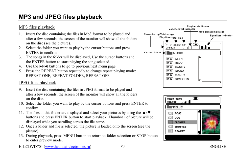 Mp3 and jpeg files playback | Hyundai H-LCDVD704 User Manual | Page 28 / 64