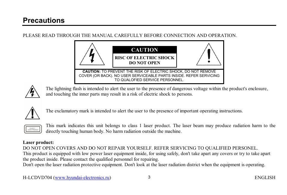 Precautions | Hyundai H-LCDVD704 User Manual | Page 3 / 64