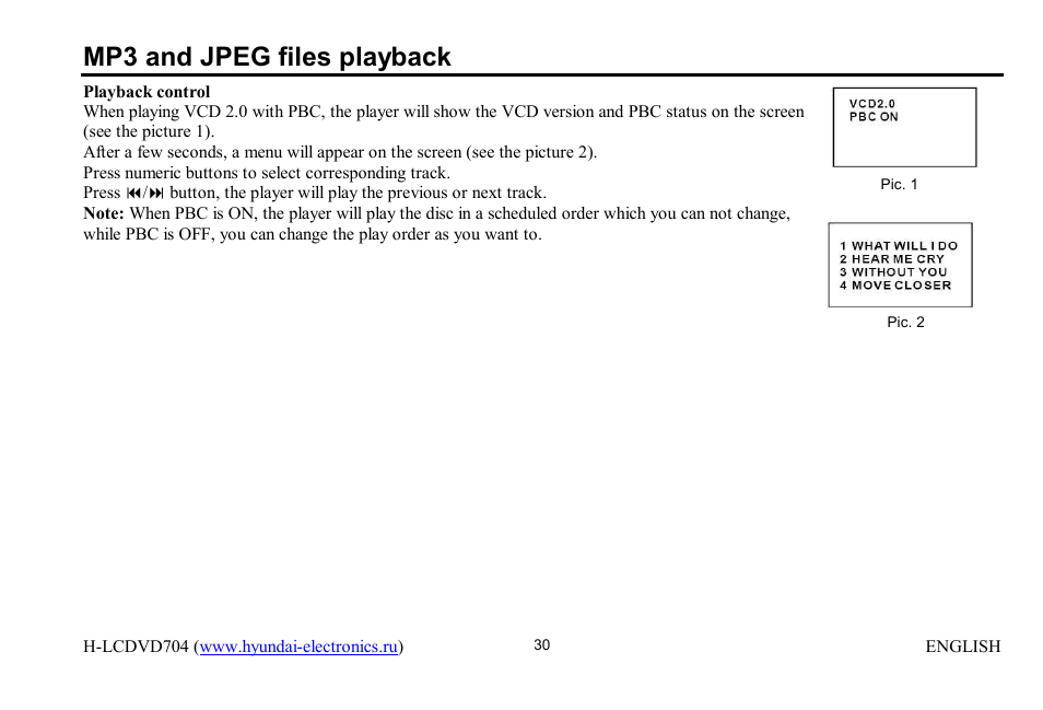 Mp3 and jpeg files playback | Hyundai H-LCDVD704 User Manual | Page 30 / 64