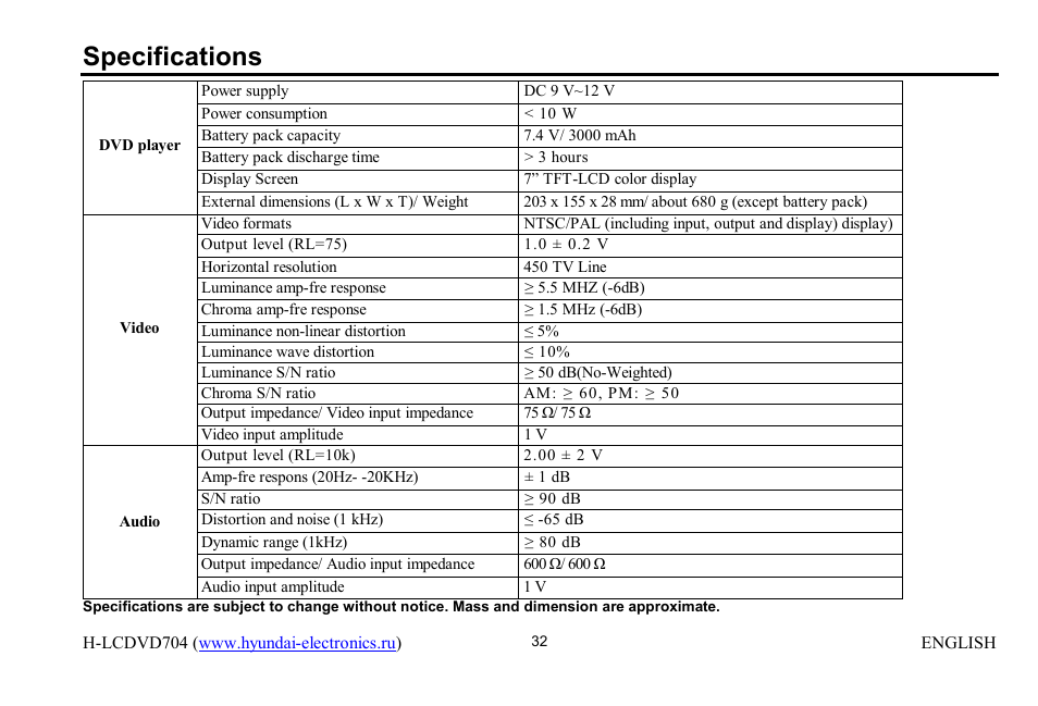 Specifications | Hyundai H-LCDVD704 User Manual | Page 32 / 64