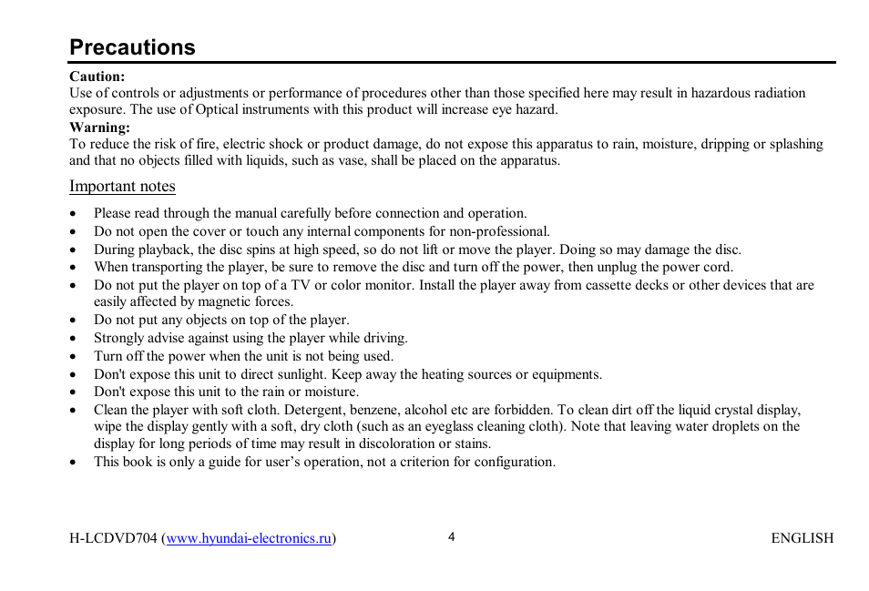 Precautions | Hyundai H-LCDVD704 User Manual | Page 4 / 64