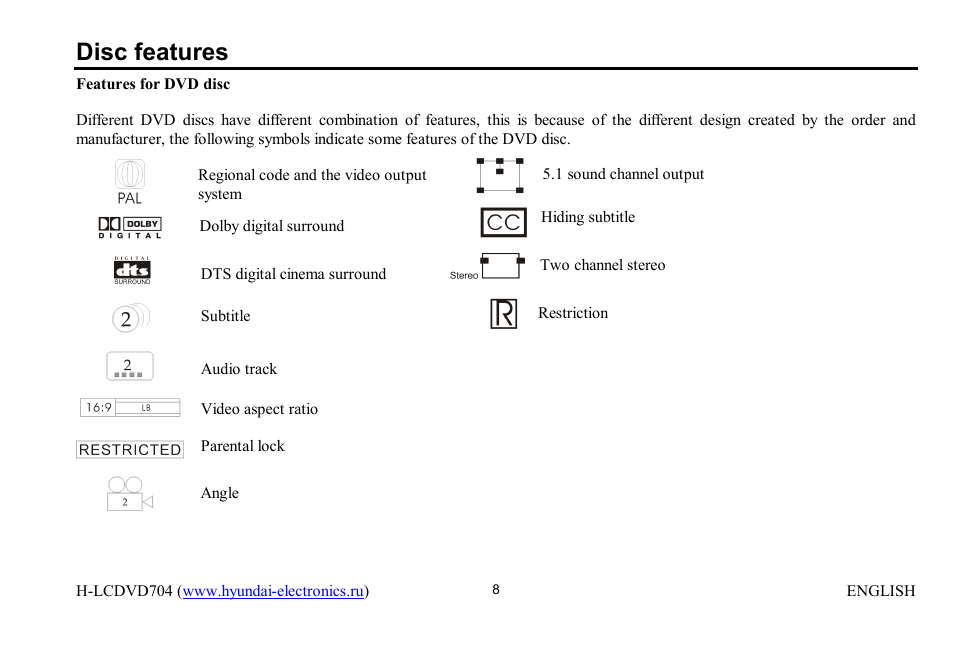 Disc features | Hyundai H-LCDVD704 User Manual | Page 8 / 64