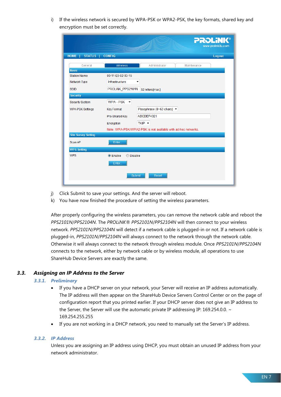 Assigning an ip address to the server, Preliminary, Ip address | PROLiNK PPS2104N User Manual User Manual | Page 10 / 33