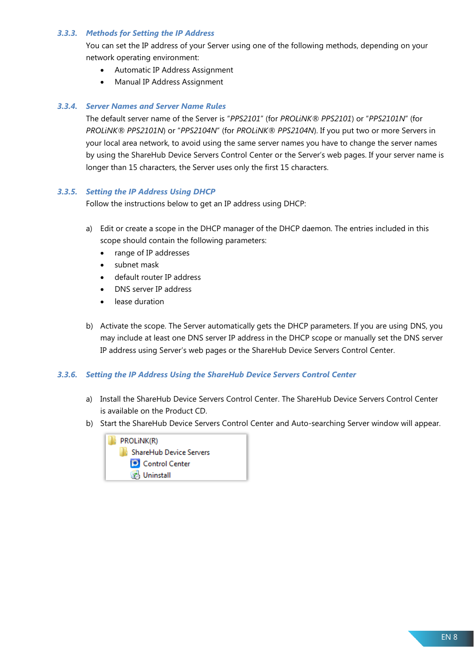Methods for setting the ip address, Server names and server name rules, Setting the ip address using dhcp | PROLiNK PPS2104N User Manual User Manual | Page 11 / 33