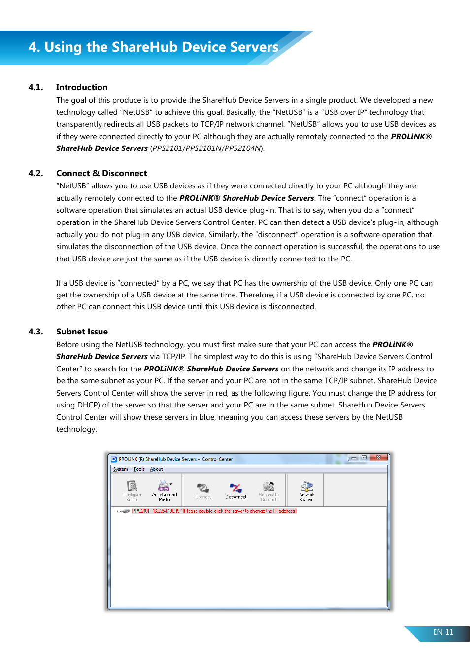 Using the sharehub device servers, Introduction, Connect & disconnect | Subnet issue | PROLiNK PPS2104N User Manual User Manual | Page 14 / 33