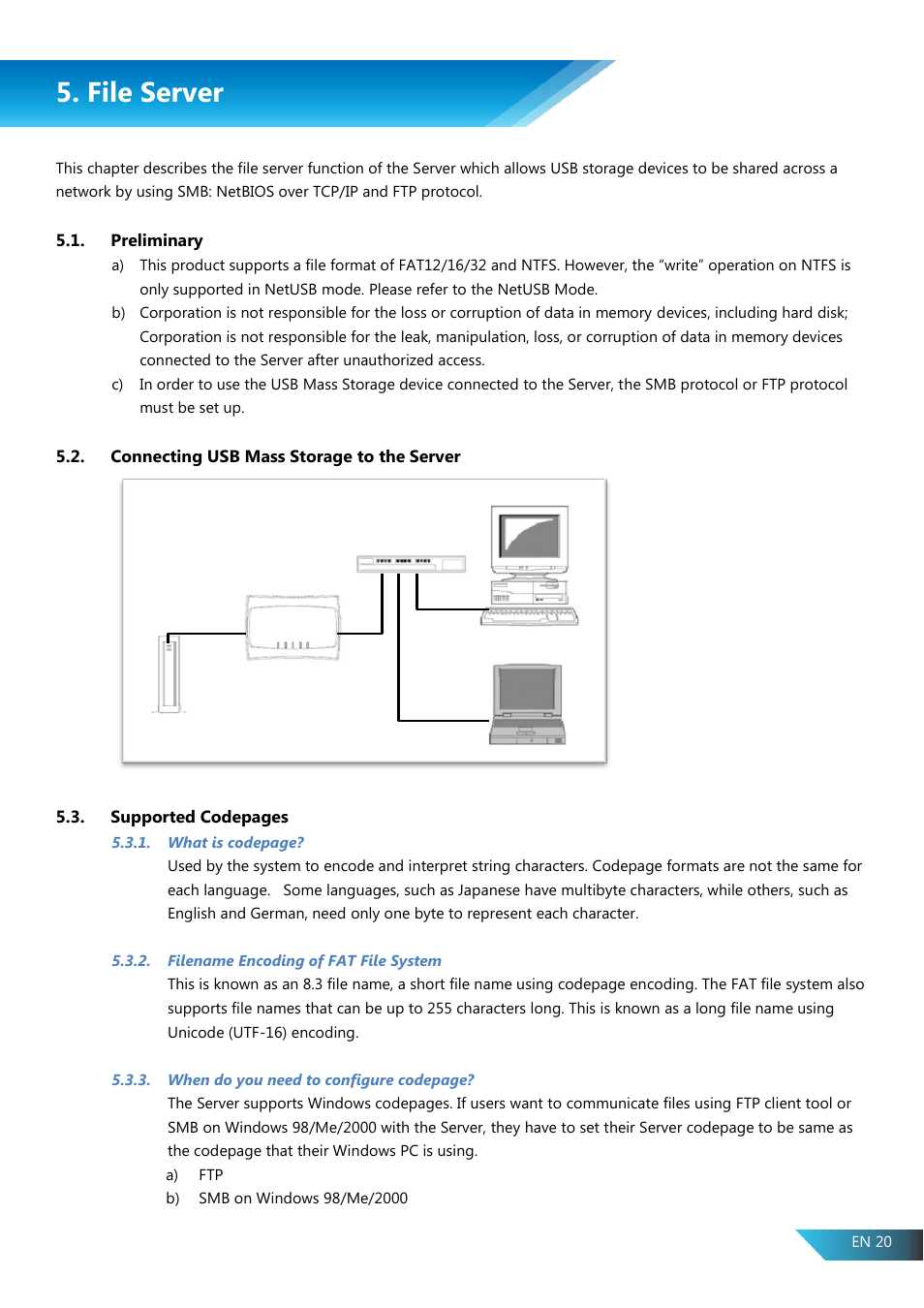 File server, Preliminary, Connecting usb mass storage to the server | Filename encoding of fat file system | PROLiNK PPS2104N User Manual User Manual | Page 23 / 33