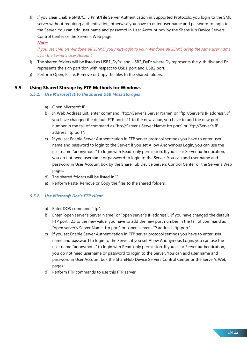 Using shared storage by ftp methods for windows, Use microsoft ie to the shared usb mass storages, Use microsoft dos’s ftp client | PROLiNK PPS2104N User Manual User Manual | Page 25 / 33