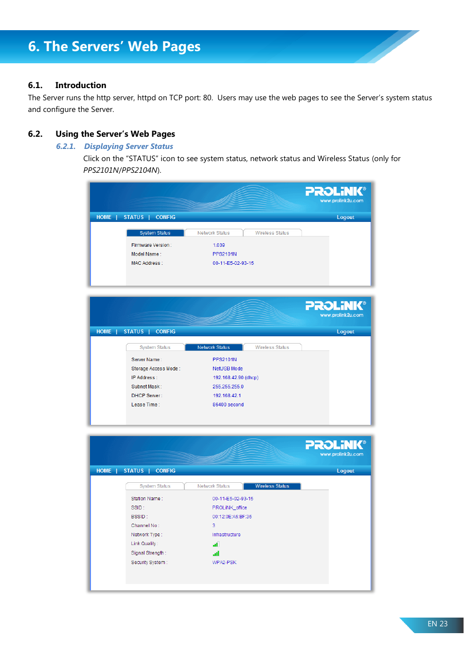 Introduction, Displaying server status, The servers’ web pages | PROLiNK PPS2104N User Manual User Manual | Page 26 / 33