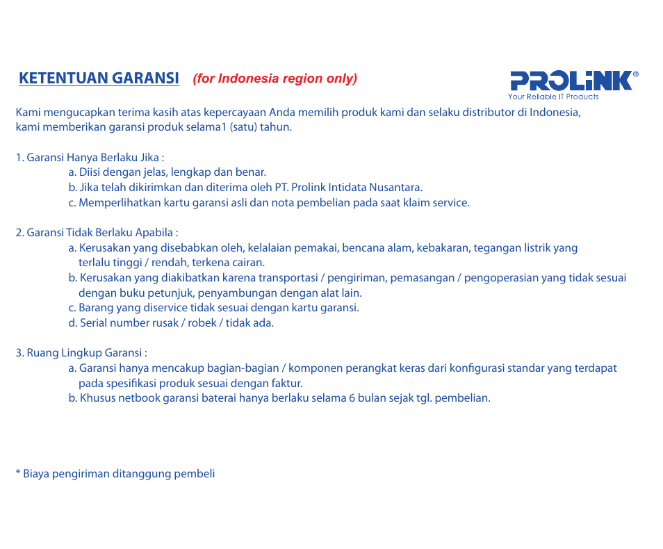 Ketentuan garansi | PROLiNK PPL1501N User Manual | Page 16 / 20