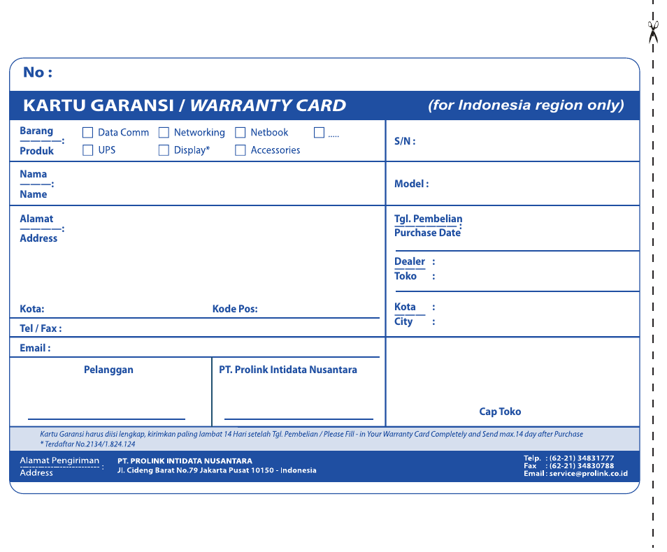 Kartu garansi / warranty card, For indonesia region only) | PROLiNK PPL1501N User Manual | Page 18 / 20