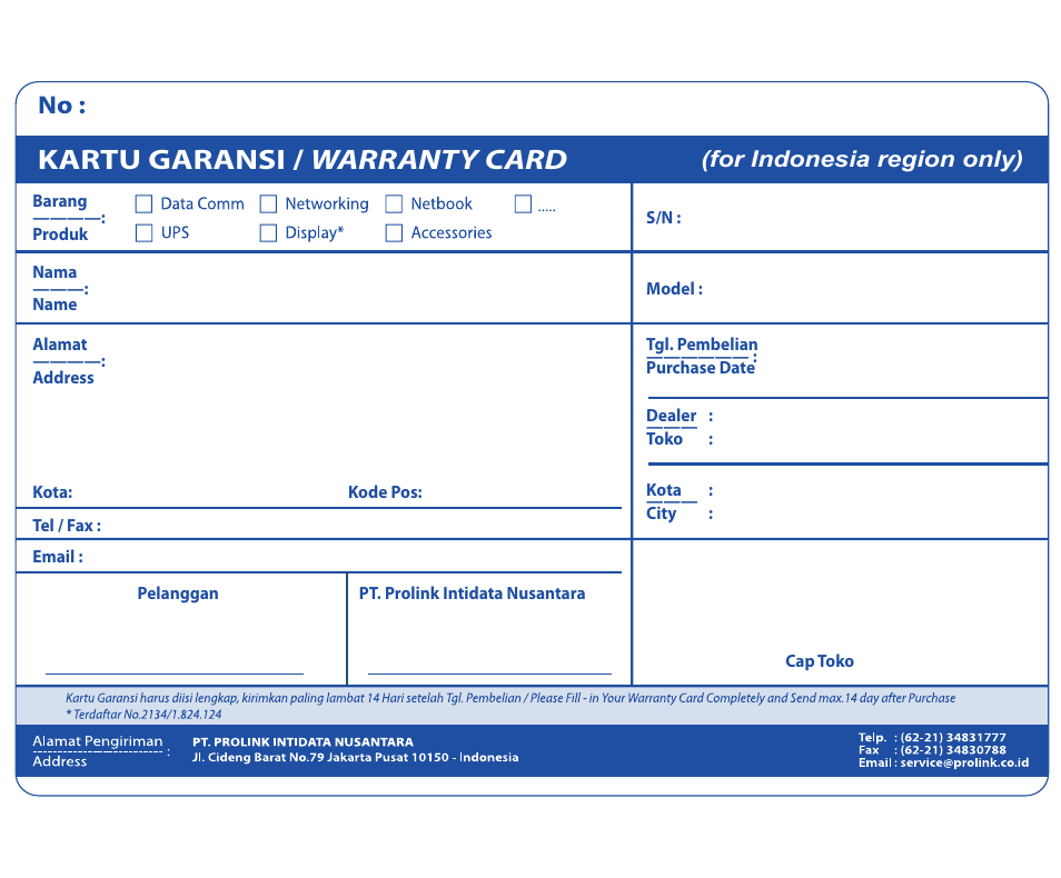 Kartu garansi / warranty card, For indonesia region only) | PROLiNK PPL1501N User Manual | Page 19 / 20