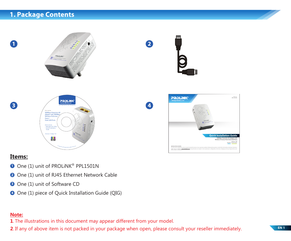 Package contents, Items, One (1) unit of prolink | PROLiNK PPL1501N User Manual | Page 2 / 20
