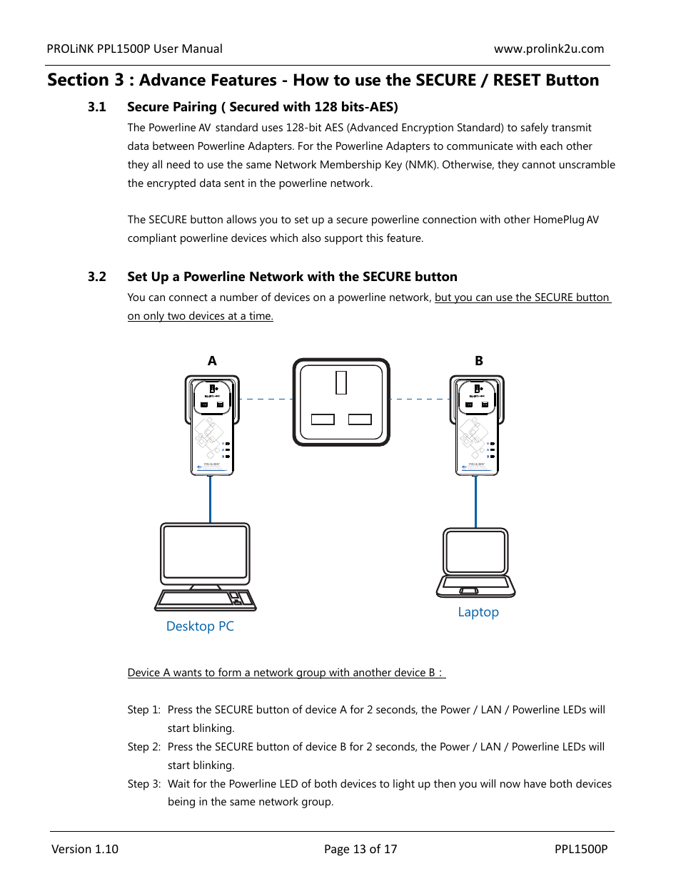 1 secure pairing ( secured with 128 bits-aes) | PROLiNK PPL1500P User Manual User Manual | Page 13 / 17