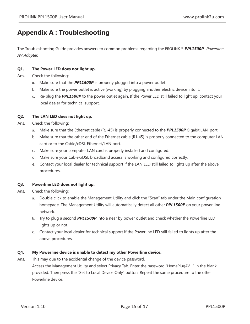 Appendix a : troubleshooting | PROLiNK PPL1500P User Manual User Manual | Page 15 / 17