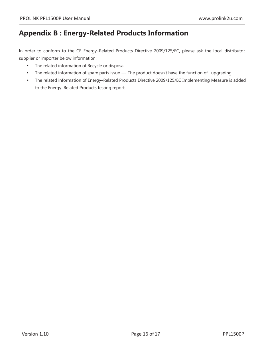 Appendix b : energy-related products information | PROLiNK PPL1500P User Manual User Manual | Page 16 / 17