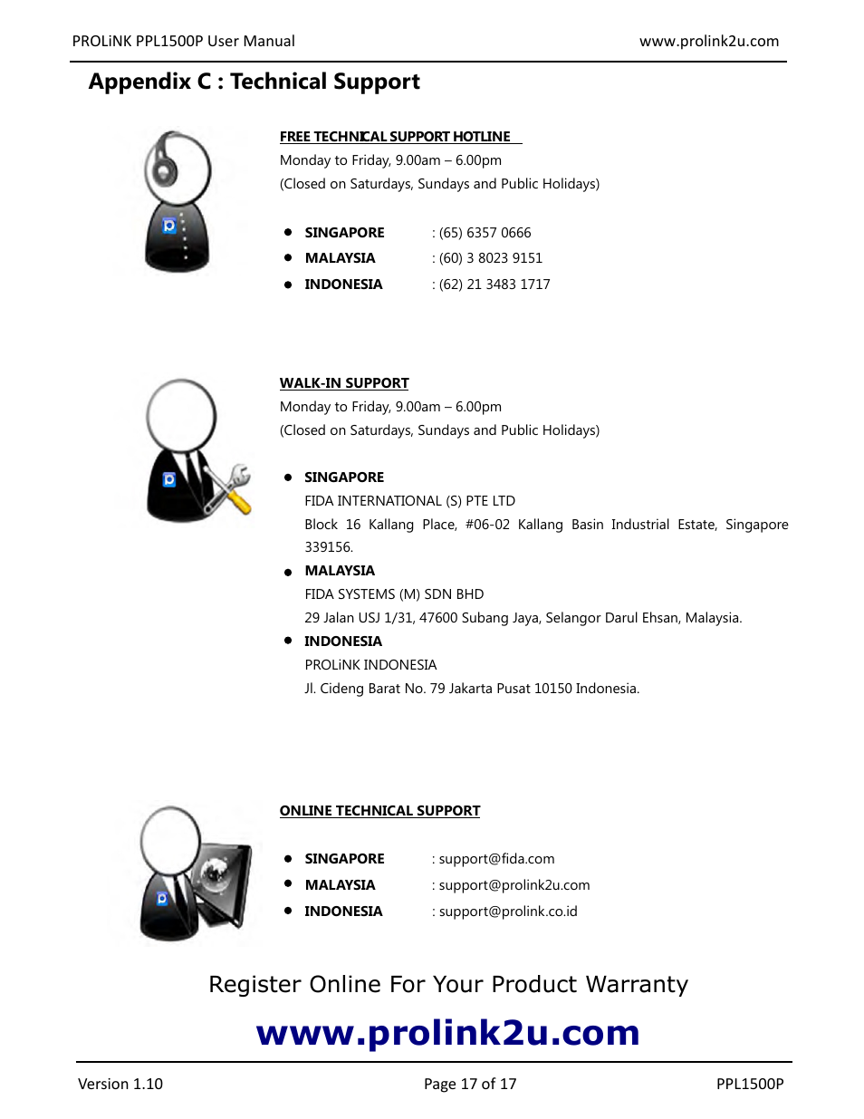 Appendix c : technical support, Register online for your product warranty | PROLiNK PPL1500P User Manual User Manual | Page 17 / 17