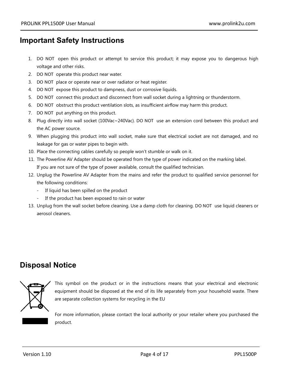 Important safety instructions, Disposal notice | PROLiNK PPL1500P User Manual User Manual | Page 4 / 17