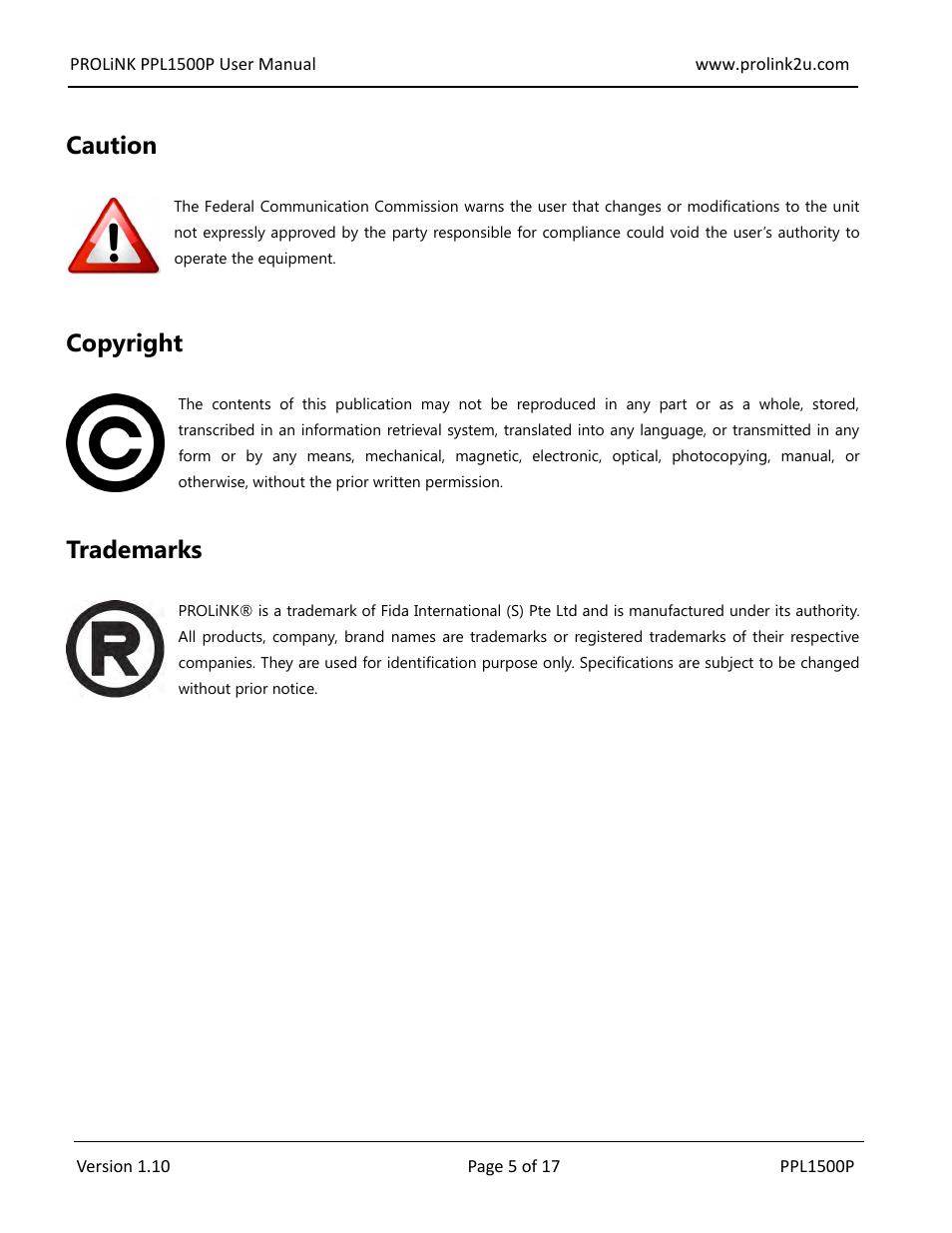 Caution, Copyright, Trademarks | PROLiNK PPL1500P User Manual User Manual | Page 5 / 17