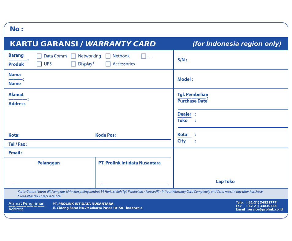 Kartu garansi / warranty card, For indonesia region only) | PROLiNK PPL1500P Quick installation guide User Manual | Page 12 / 16