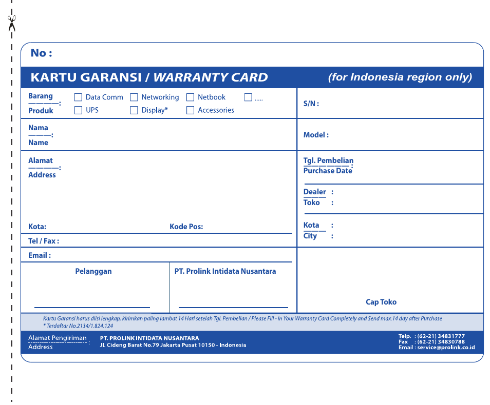 Kartu garansi / warranty card, For indonesia region only) | PROLiNK PPL1500P Quick installation guide User Manual | Page 13 / 16