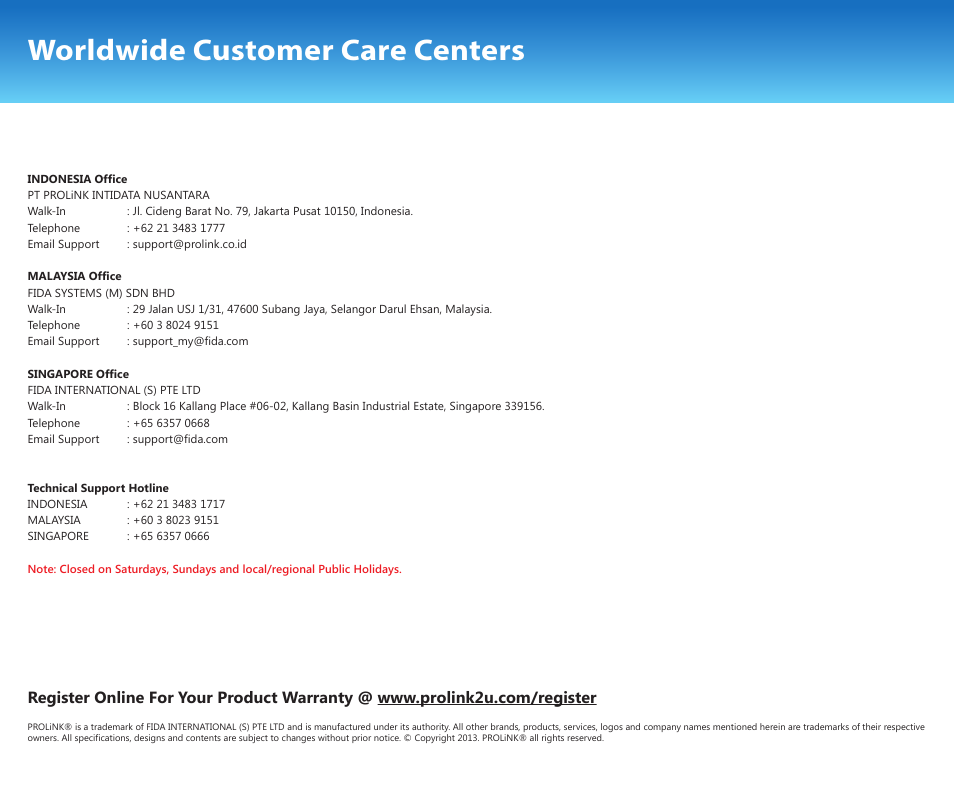 Worldwide customer care centers | PROLiNK PPL1500P Quick installation guide User Manual | Page 16 / 16