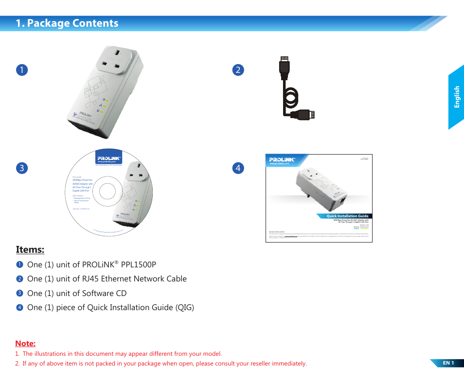 Package contents, Items, One (1) unit of prolink | PROLiNK PPL1500P Quick installation guide User Manual | Page 3 / 16