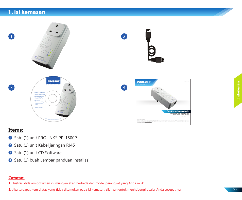 Isi kemasan, Items, Catatan | Satu (1) unit prolink, Indonesian | PROLiNK PPL1500P Quick installation guide User Manual | Page 7 / 16