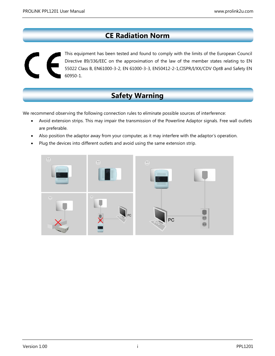 Ce radiation norm, Safety warning | PROLiNK PPL1201 User Manual User Manual | Page 2 / 60