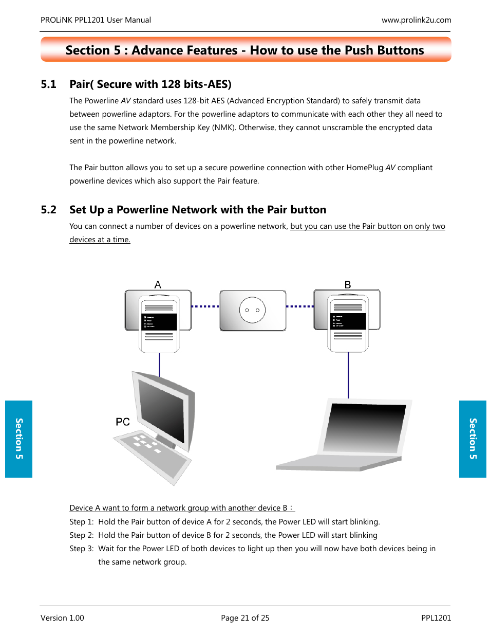 1 pair( secure with 128 bits-aes), 2 set up a powerline network with the pair button | PROLiNK PPL1201 User Manual User Manual | Page 26 / 60