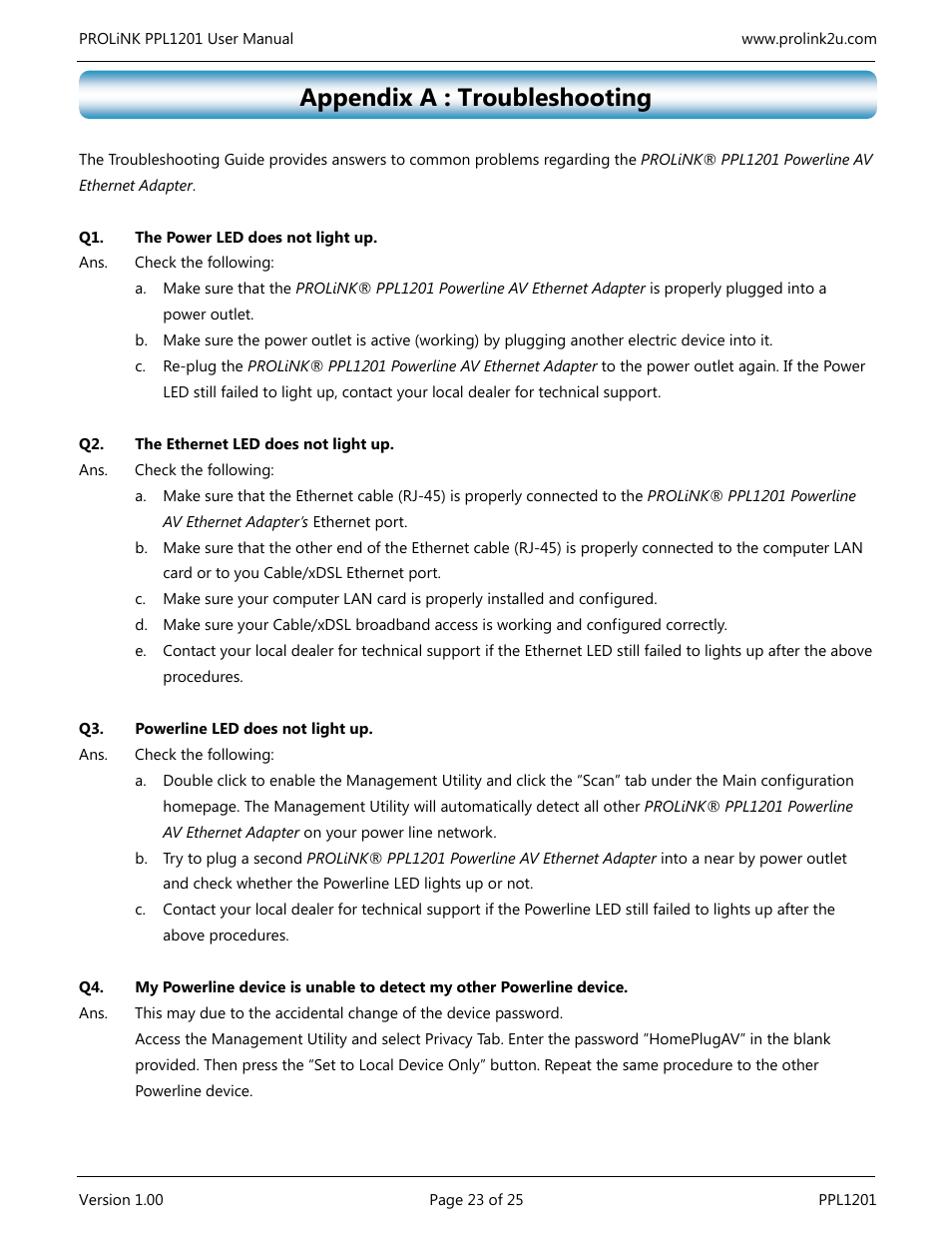Appendix a : troubleshooting | PROLiNK PPL1201 User Manual User Manual | Page 28 / 60