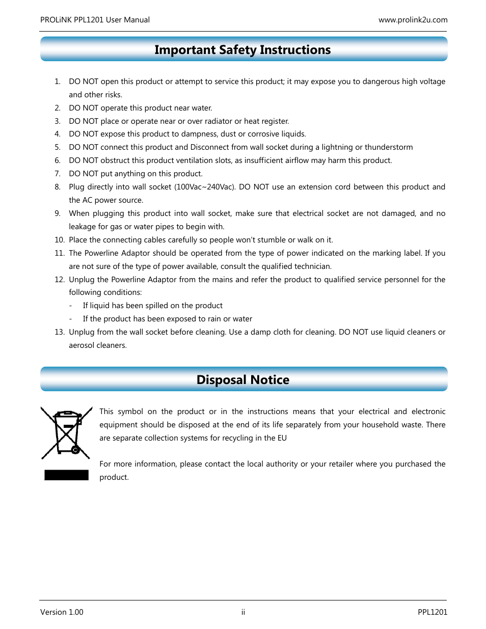 Important safety instructions, Disposal notice | PROLiNK PPL1201 User Manual User Manual | Page 3 / 60