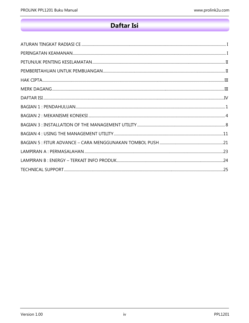 Daftar isi | PROLiNK PPL1201 User Manual User Manual | Page 35 / 60