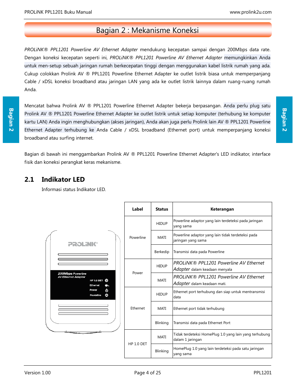 Bagian 2 : mekanisme koneksi, 1 indikator led, Bagian 2 | PROLiNK PPL1201 User Manual User Manual | Page 39 / 60