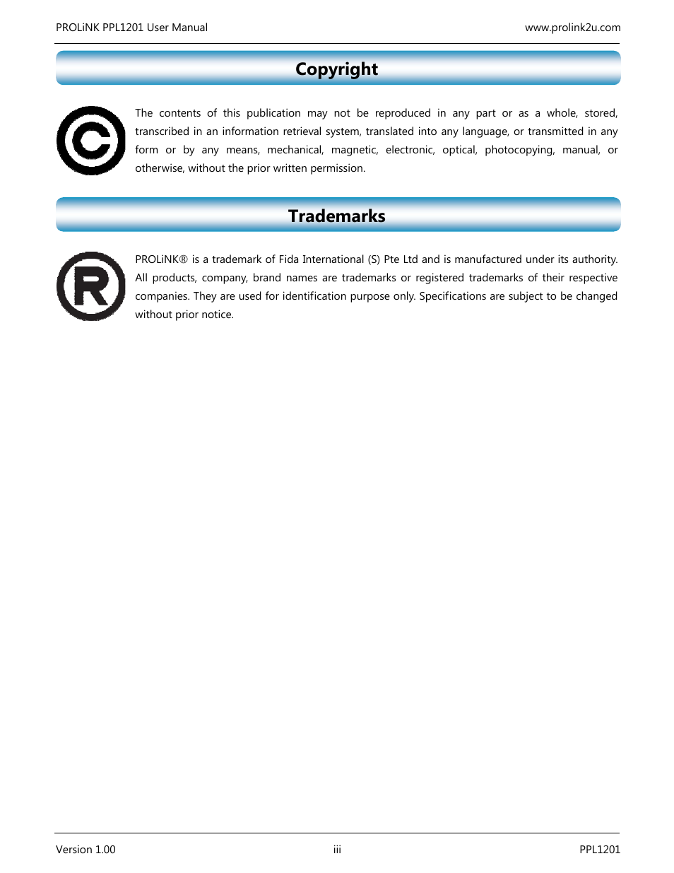 Copyright, Trademarks | PROLiNK PPL1201 User Manual User Manual | Page 4 / 60