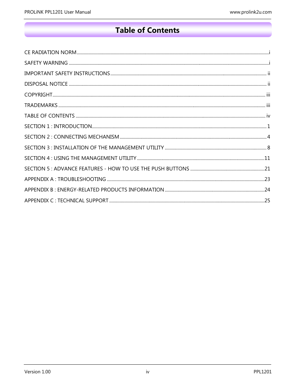 PROLiNK PPL1201 User Manual User Manual | Page 5 / 60