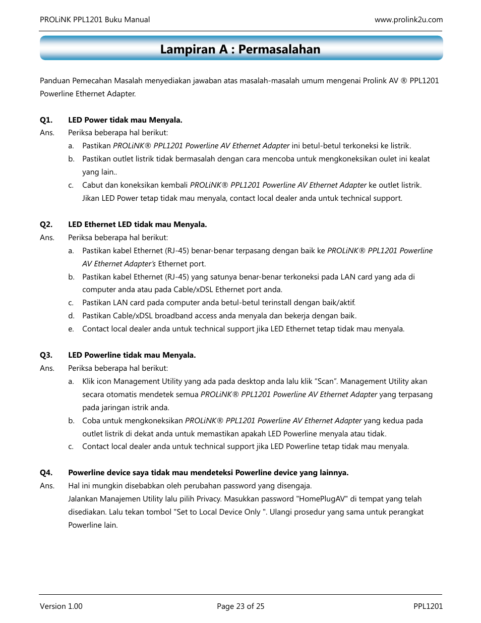 Lampiran a : permasalahan | PROLiNK PPL1201 User Manual User Manual | Page 58 / 60