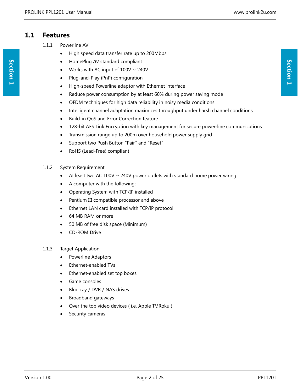 1 features | PROLiNK PPL1201 User Manual User Manual | Page 7 / 60