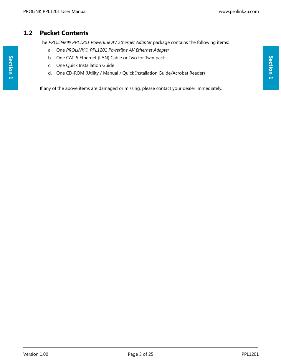 2 packet contents | PROLiNK PPL1201 User Manual User Manual | Page 8 / 60