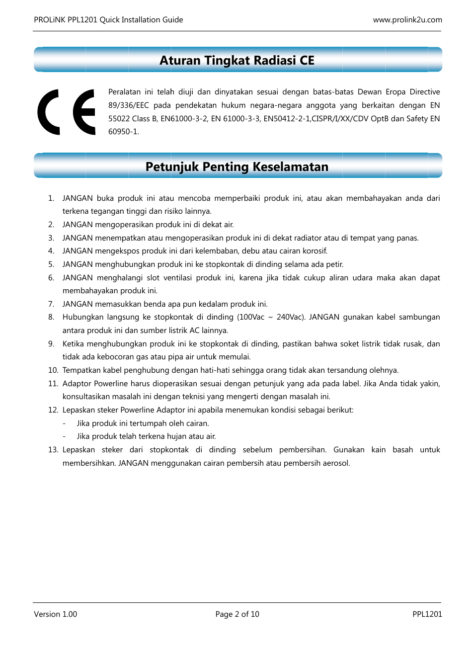 Petu, Turan ti, Unjuk pe | Ingkat r, Enting k, Radiasi, Keselam, Matan | PROLiNK PPL1201 Quick Installation Guide User Manual | Page 12 / 20