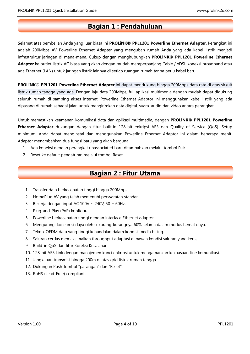 Bagian 1 : pendahuluan, Bagian 2 : fitur utama | PROLiNK PPL1201 Quick Installation Guide User Manual | Page 14 / 20