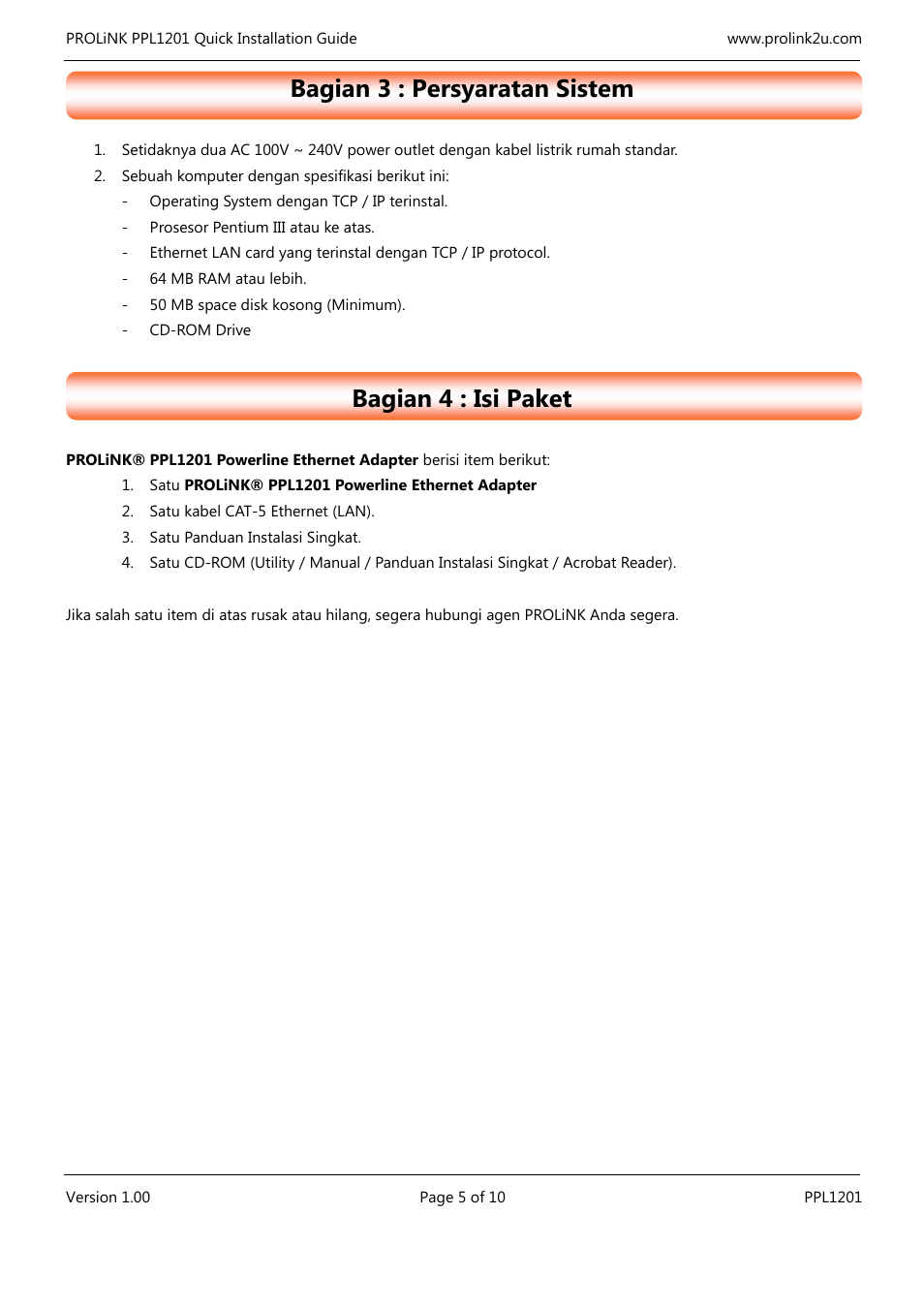 Bagian 3 : persyaratan sistem, Bagian 4 : isi paket | PROLiNK PPL1201 Quick Installation Guide User Manual | Page 15 / 20
