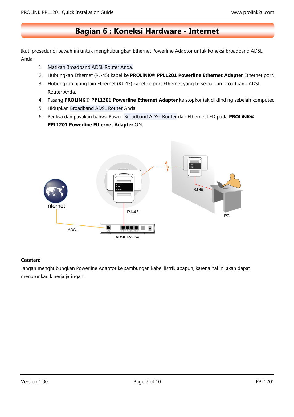 Bagian 6 : koneksi hardware - internet | PROLiNK PPL1201 Quick Installation Guide User Manual | Page 17 / 20